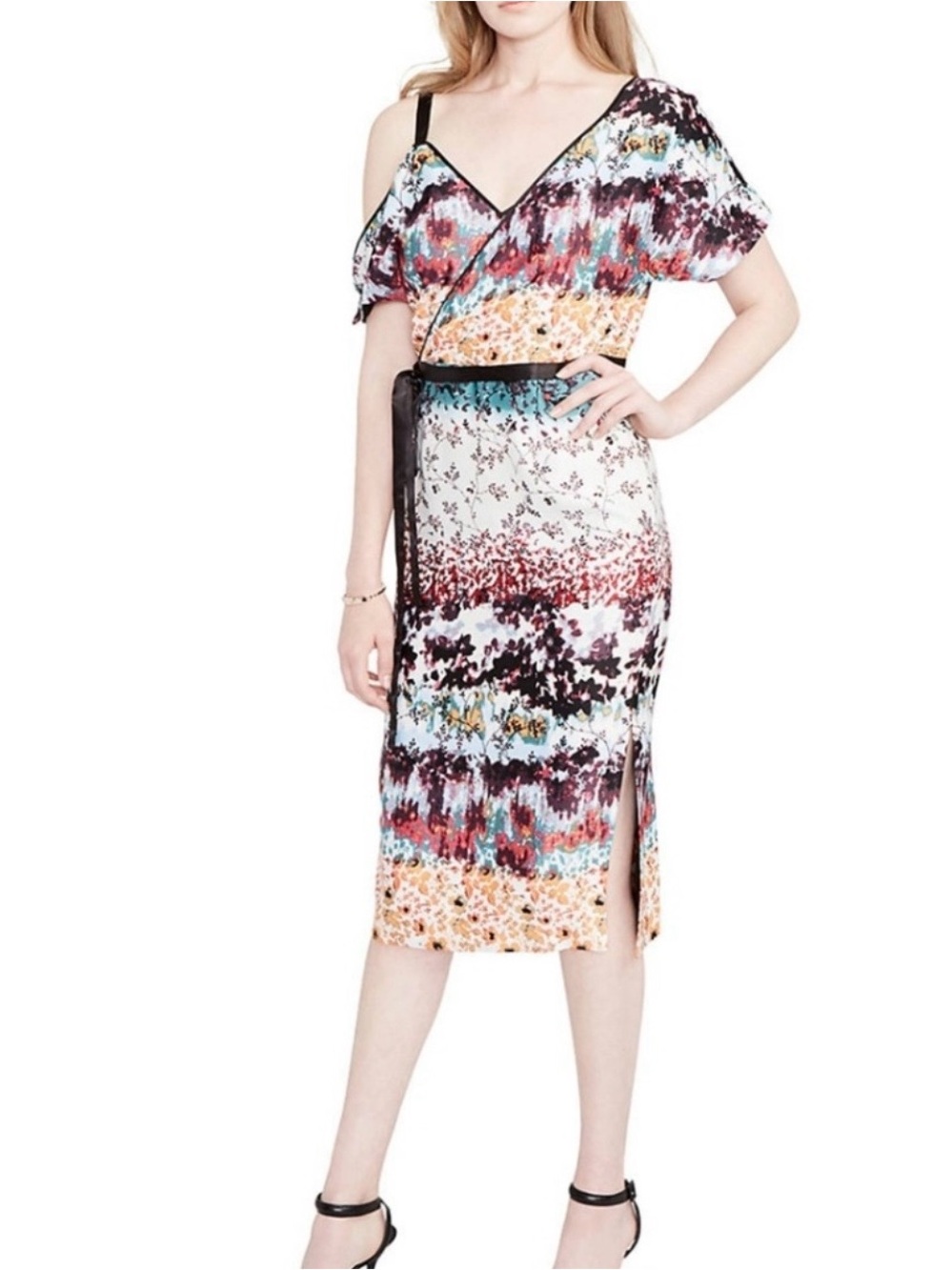 Rachel Roy Floral Multicolor Asymmetrical Cold Shoulder Midi Dress